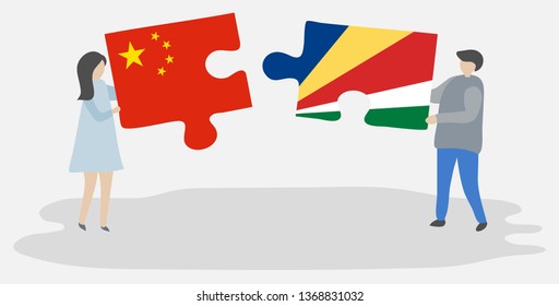 Couple holding two puzzles pieces with Chinese and Seychellois flags. China and Seychelles national symbols together.