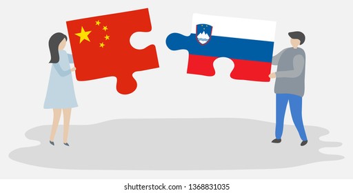 Couple holding two puzzles pieces with Chinese and Slovenian flags. China and Slovenia national symbols together.