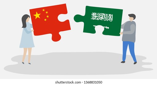 Couple holding two puzzles pieces with Chinese and Saudi Arabian flags. China and Saudi Arabia national symbols together.