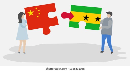 Couple holding two puzzles pieces with Chinese and Sao Tomean flags. China and Sao Tome and Principe national symbols together.