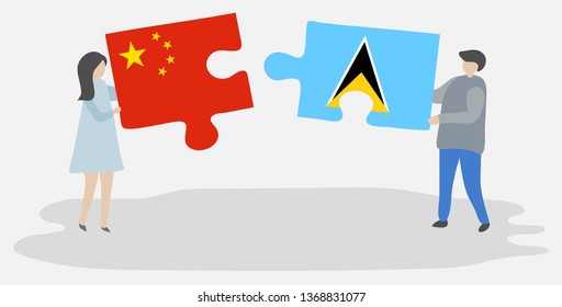 Couple holding two puzzles pieces with Chinese and Saint Lucian flags. China and Saint Lucia national symbols together.