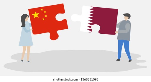 Couple holding two puzzles pieces with Chinese and Qatari flags. China and Qatar national symbols together.