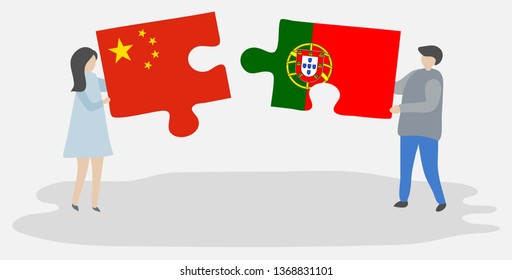 Couple holding two puzzles pieces with Chinese and Portuguese flags. China and Portugal national symbols together.