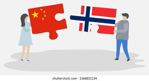 Couple holding two puzzles pieces with Chinese and Norwegian flags. China and Norway national symbols together.