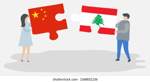 Couple holding two puzzles pieces with Chinese and Lebanese flags. China and Lebanon national symbols together.