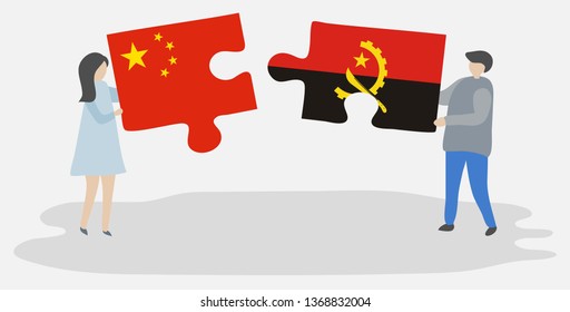 Couple holding two puzzles pieces with Chinese and Angolan flags. China and Angola national symbols together.