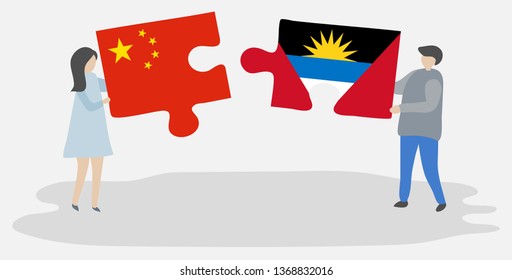 Couple holding two puzzles pieces with Chinese and Antiguan flags. China and Antigua and Barbuda national symbols together.
