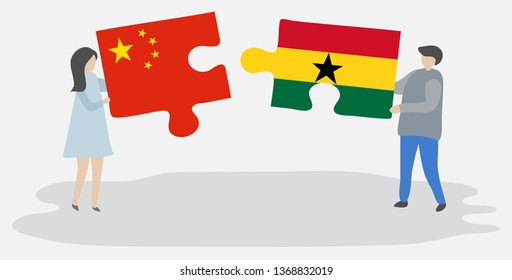 Couple holding two puzzles pieces with Chinese and Ghanaian flags. China and Ghana national symbols together.