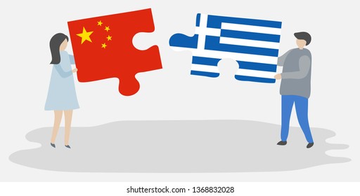 Couple holding two puzzles pieces with Chinese and Greek flags. China and Greece national symbols together.