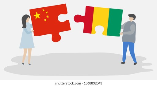 Couple holding two puzzles pieces with Chinese and Guinean flags. China and Guinea national symbols together.
