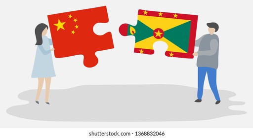 Couple holding two puzzles pieces with Chinese and Grenadian flags. China and Grenada national symbols together.