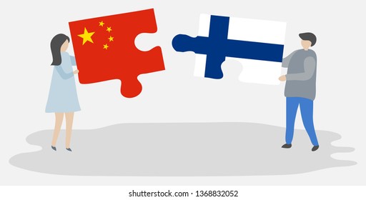 Couple holding two puzzles pieces with Chinese and Finnish flags. China and Finland national symbols together.