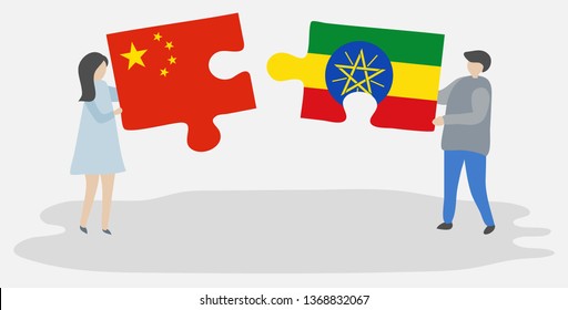 Couple holding two puzzles pieces with Chinese and Ethiopian flags. China and Ethiopia national symbols together.