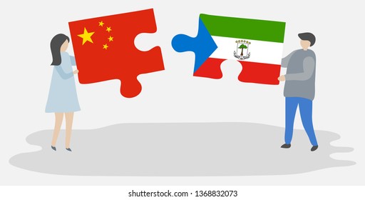 Couple holding two puzzles pieces with Chinese and Equatorial Guinean flags. China and Equatorial Guinea national symbols together.
