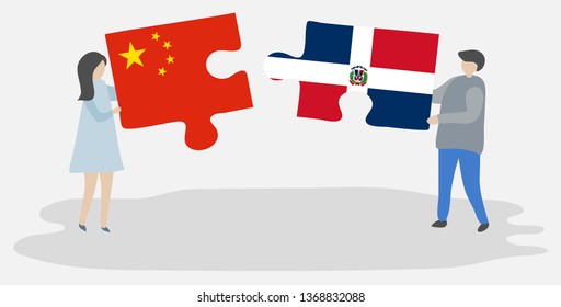 Couple holding two puzzles pieces with Chinese and Dominican flags. China and Dominican Republic national symbols together.