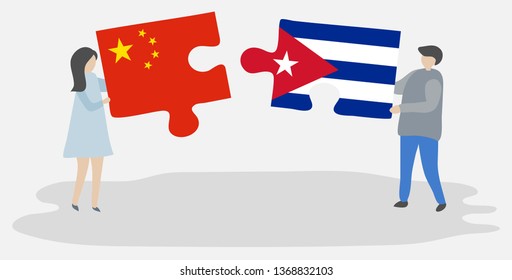 Couple holding two puzzles pieces with Chinese and Cuban flags. China and Cuba national symbols together.