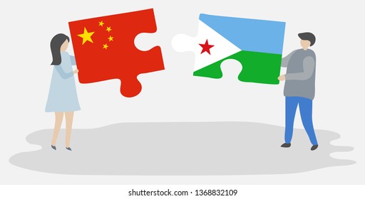 Couple holding two puzzles pieces with Chinese and Djiboutian flags. China and Djibouti national symbols together.