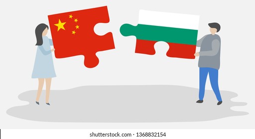 Couple holding two puzzles pieces with Chinese and Bulgarian flags. China and Bulgaria national symbols together.