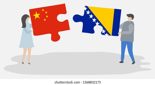 Couple holding two puzzles pieces with Chinese and Bosnian flags. China and Bosnia and Herzegovina national symbols together.