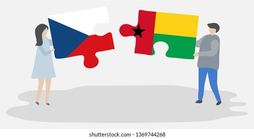 Couple holding two puzzles pieces with Czech and Bissau-Guinean flags. Czech Republic and Guinea-Bissau national symbols together.