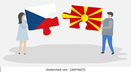 Couple holding two puzzles pieces with Czech and Macedonian flags. Czech Republic and Macedonia national symbols together.