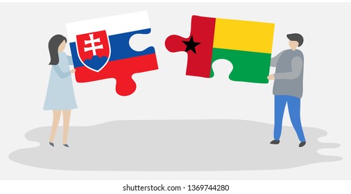 Couple holding two puzzles pieces with Slovak and Bissau-Guinean flags. Slovakia and Guinea-Bissau national symbols together.