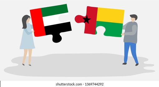 Couple holding two puzzles pieces with Emirian and Bissau-Guinean flags. United Arab Emirates and Guinea-Bissau national symbols together.