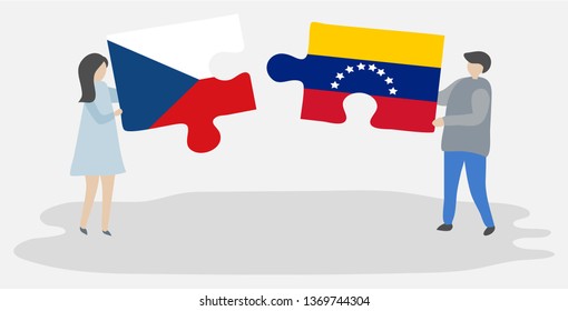Couple holding two puzzles pieces with Czech and Venezuelan flags. Czech Republic and Venezuela national symbols together.