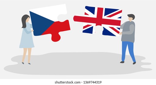 Couple holding two puzzles pieces with Czech and British flags. Czech Republic and United Kingdom national symbols together.
