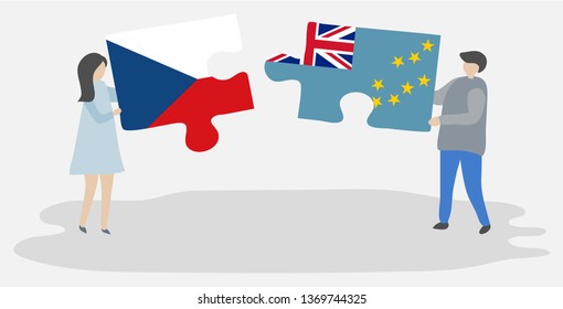 Couple holding two puzzles pieces with Czech and Tuvaluan flags. Czech Republic and Tuvalu national symbols together.