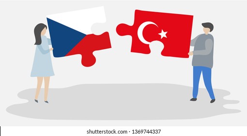 Couple holding two puzzles pieces with Czech and Turkish flags. Czech Republic and Turkey national symbols together.