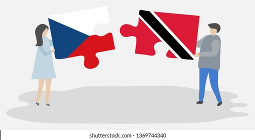 Couple holding two puzzles pieces with Czech and Trinidadian flags. Czech Republic and Trinidad and Tobago national symbols together.