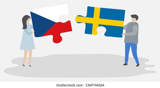 Couple holding two puzzles pieces with Czech and Swedish flags. Czech Republic and Sweden national symbols together.