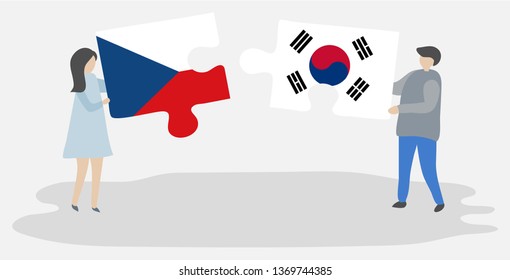 Couple holding two puzzles pieces with Czech and South Korean flags. Czech Republic and South Korea national symbols together.
