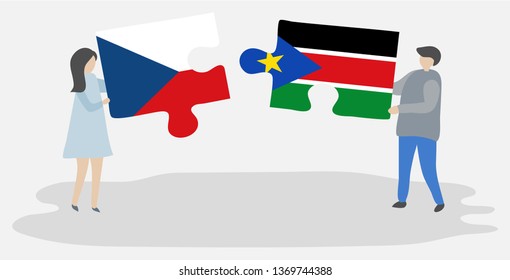 Couple holding two puzzles pieces with Czech and South Sudanese flags. Czech Republic and South Sudan national symbols together.