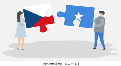 Couple holding two puzzles pieces with Czech and Somali flags. Czech Republic and Somalia national symbols together.