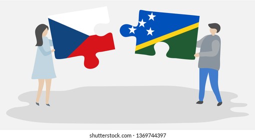 Couple holding two puzzles pieces with Czech and Solomon Island flags. Czech Republic and Solomon Islands national symbols together.