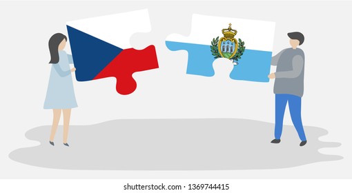Couple holding two puzzles pieces with Czech and Sammarinese flags. Czech Republic and San Marino national symbols together.
