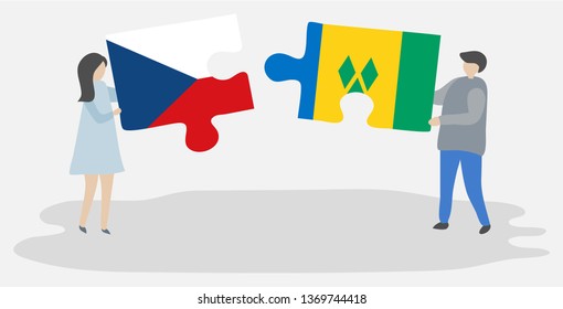 Couple holding two puzzles pieces with Czech and Vincentian flags. Czech Republic and Saint Vincent and the Grenadines national symbols together.