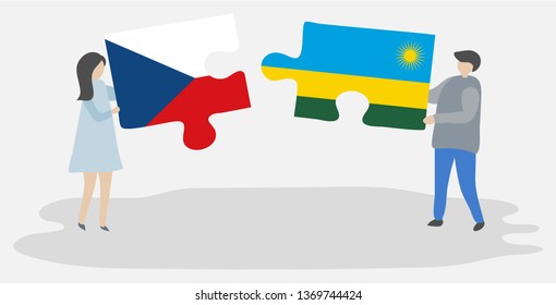 Couple holding two puzzles pieces with Czech and Rwandan flags. Czech Republic and Rwanda national symbols together.