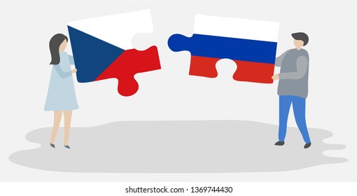 Couple holding two puzzles pieces with Czech and Russian flags. Czech Republic and Russia national symbols together.