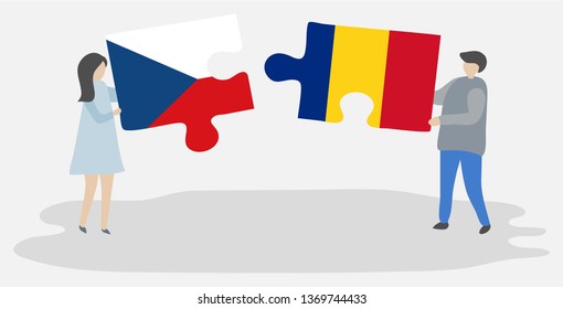 Couple holding two puzzles pieces with Czech and Romanian flags. Czech Republic and Romania national symbols together.