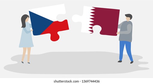 Couple holding two puzzles pieces with Czech and Qatari flags. Czech Republic and Qatar national symbols together.