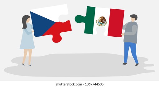 Couple holding two puzzles pieces with Czech and Mexican flags. Czech Republic and Mexico national symbols together.