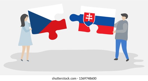 Couple holding two puzzles pieces with Czech and Slovak flags. Czech Republic and Slovakia national symbols together.