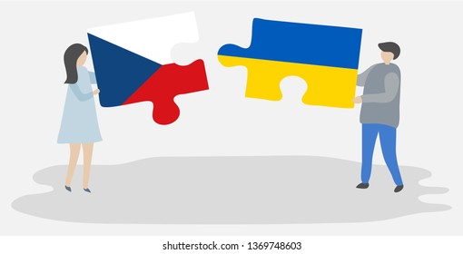 Couple holding two puzzles pieces with Czech and Ukrainian flags. Czech Republic and Ukraine national symbols together.