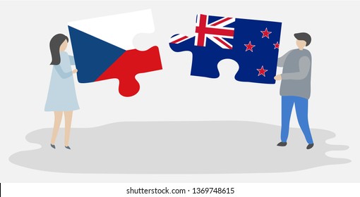 Couple holding two puzzles pieces with Czech and NZ flags. Czech Republic and New Zealand national symbols together.