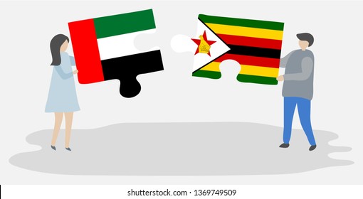 Couple holding two puzzles pieces with Emirian and Zimbabwean flags. United Arab Emirates and Zimbabwe national symbols together.