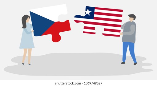 Couple holding two puzzles pieces with Czech and Liberian flags. Czech Republic and Liberia national symbols together.
