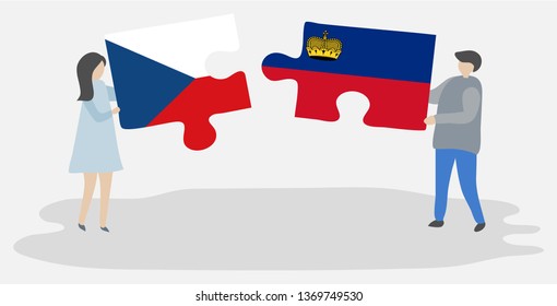 Couple holding two puzzles pieces with Czech and Liechtenstein flags. Czech Republic and Liechtenstein national symbols together.